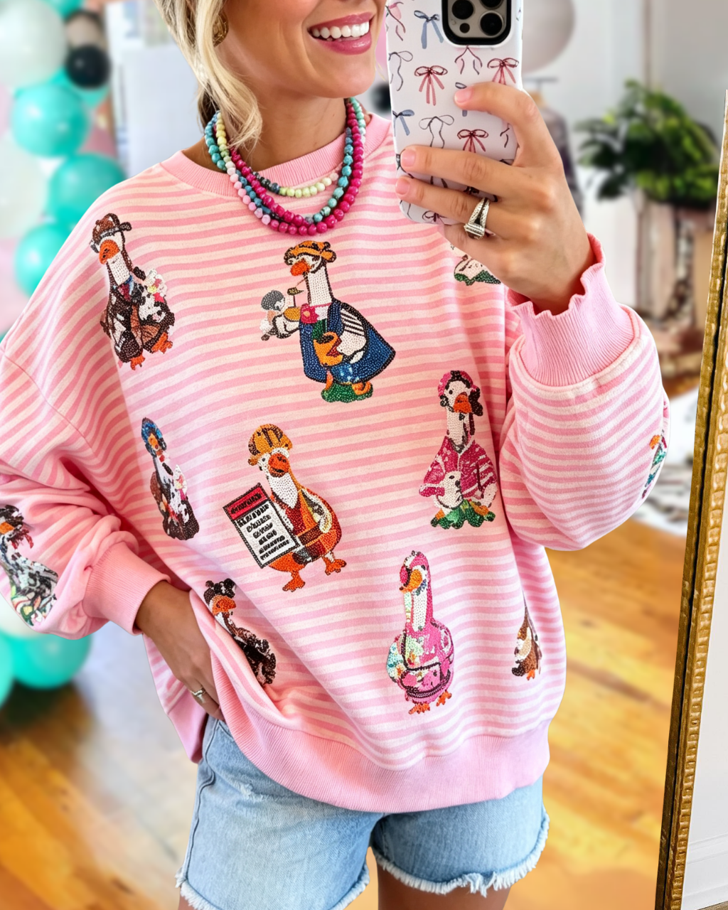 Colorful Sequined Goose Stripe Pullover