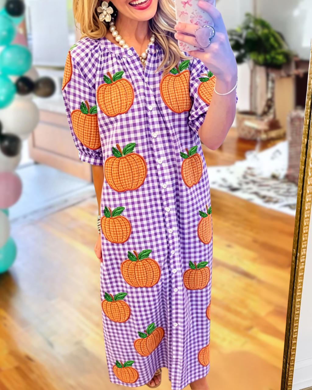 Pumpkin Sequined Plaid Shirt Dress
