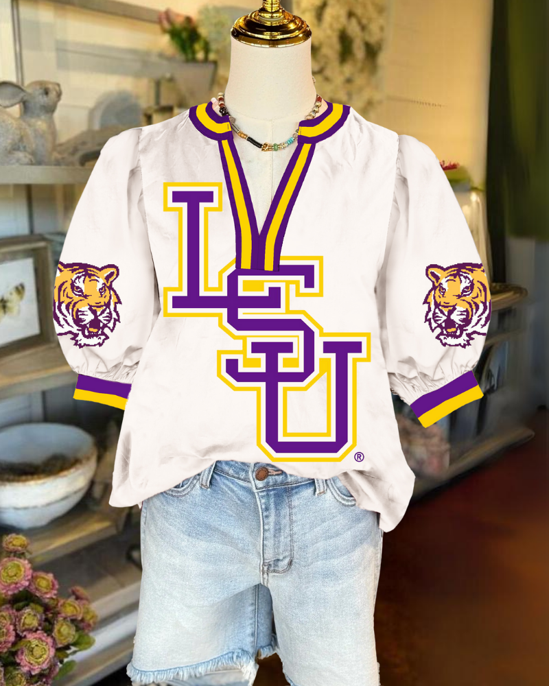 LSU Tigers Puff Sleeve Satin Top