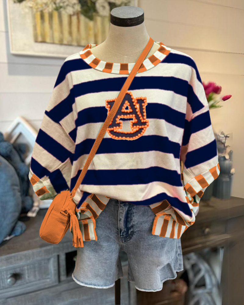 Bead Embellished Auburn Striped Top