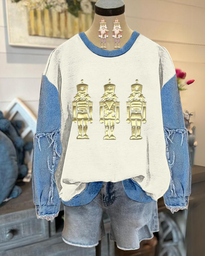 Nutcracker Soldier Denim Patchwork Sweatshirt