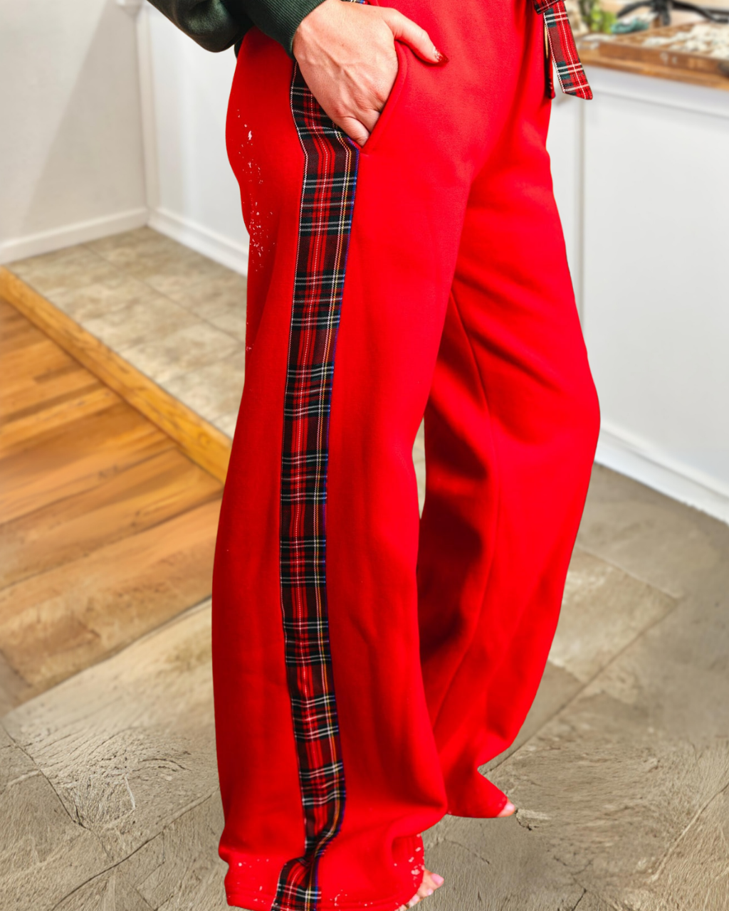 Sporty Plaid Wide-Leg Pants