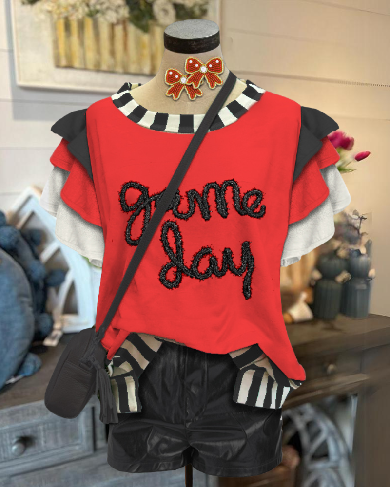 Game Day Embroidered Ruffle Top