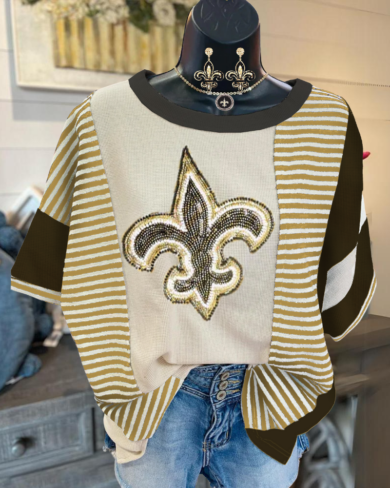 Saints Rhinestone Print Striped T-shirt