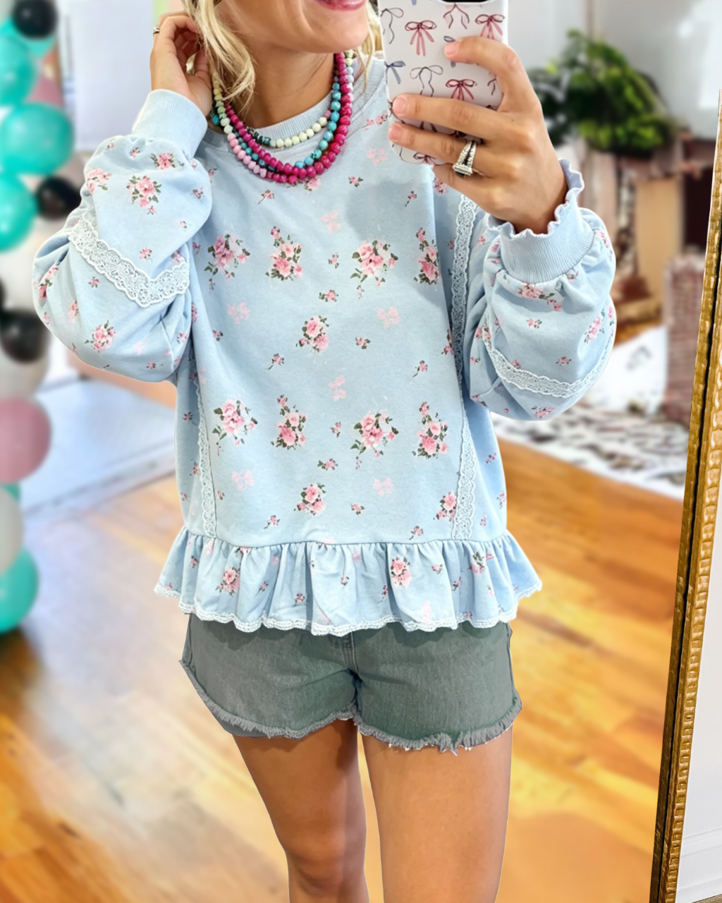 Lace Trimmed Floral Pullover