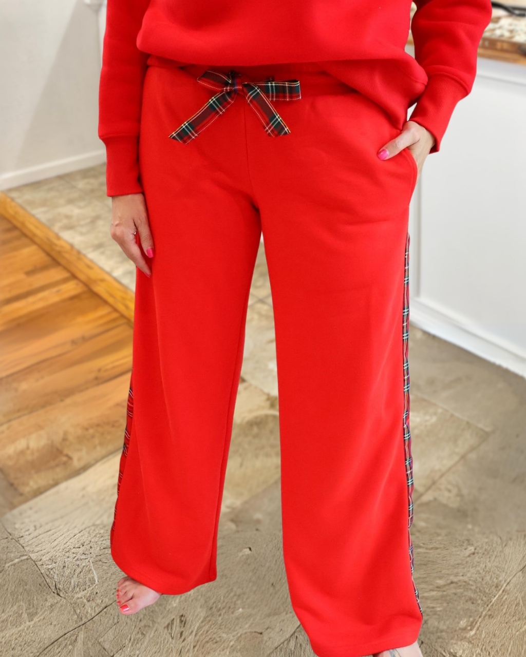 Sporty Plaid Wide-Leg Pants