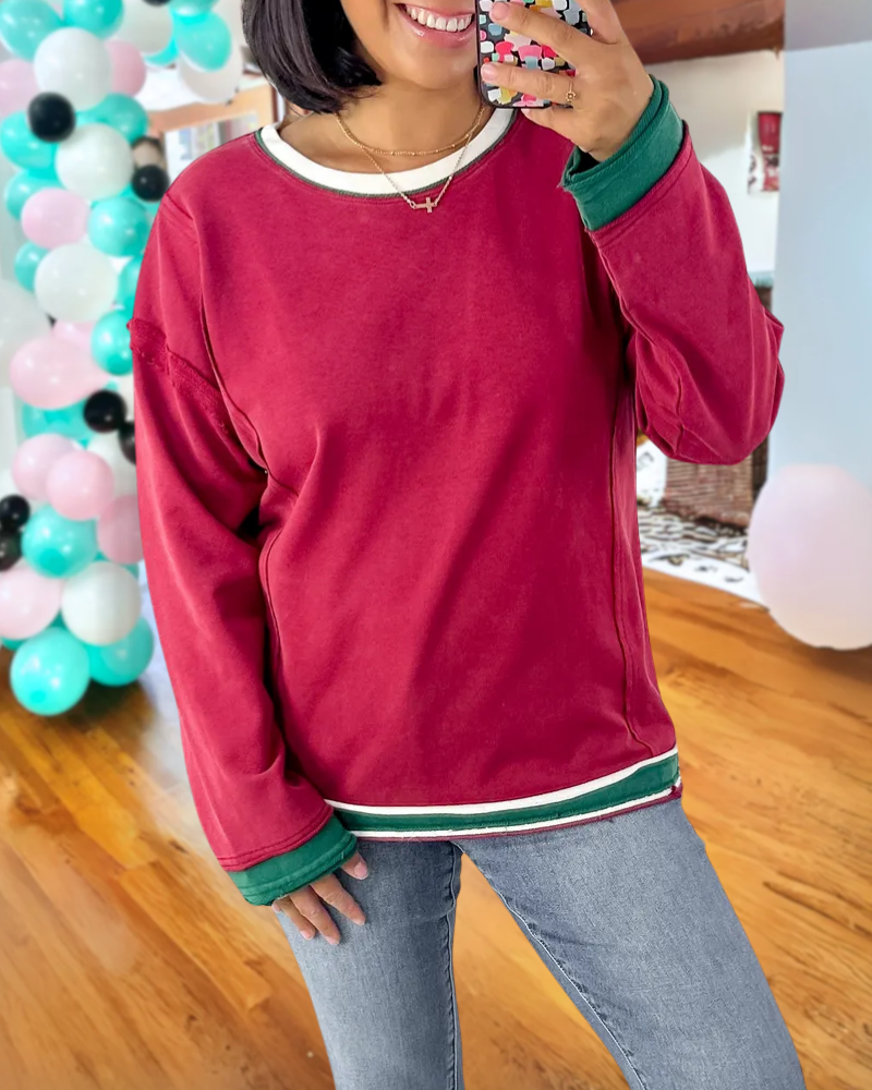Simple Contrast Trim Crewneck Top