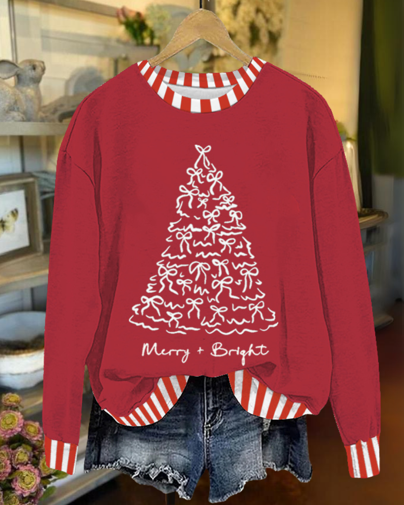 Bow Christmas Tree Stripe Trim Sweatshirt