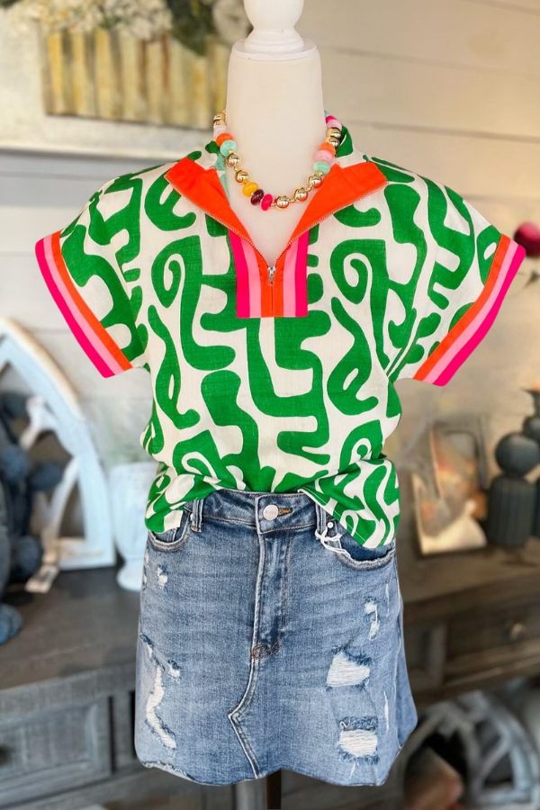 Striped Trim Abstract Print Top