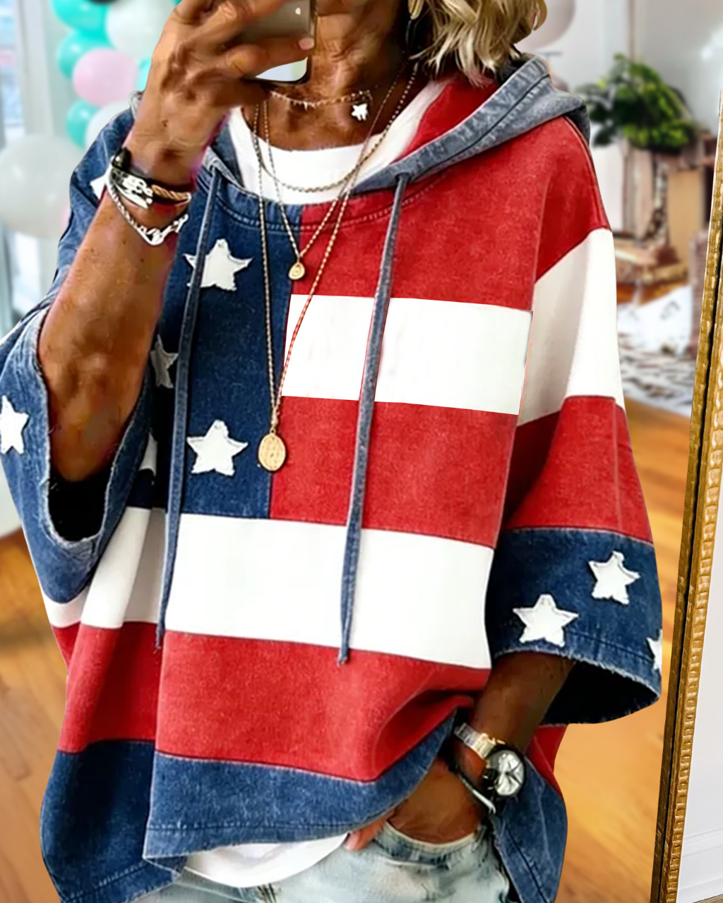 Oversized Flag Star Washed Denim Hoodie