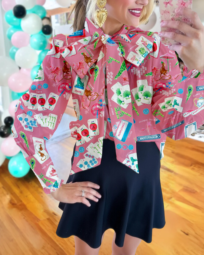 Elegant Bow Mahjong Satin Blouse