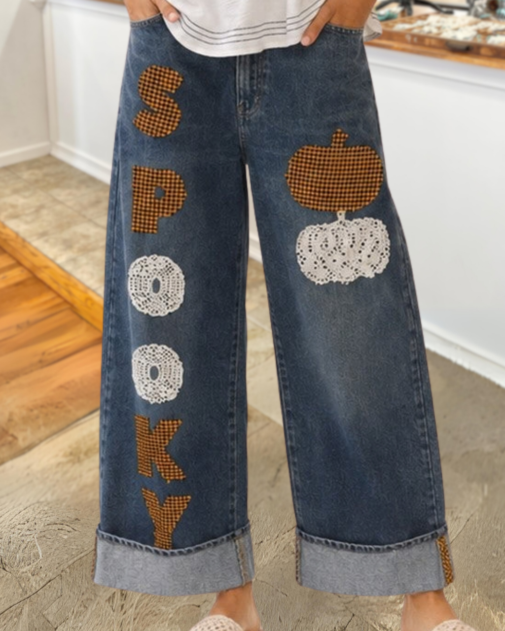SPOOKY Pumpkin Lace Embroidery Jeans