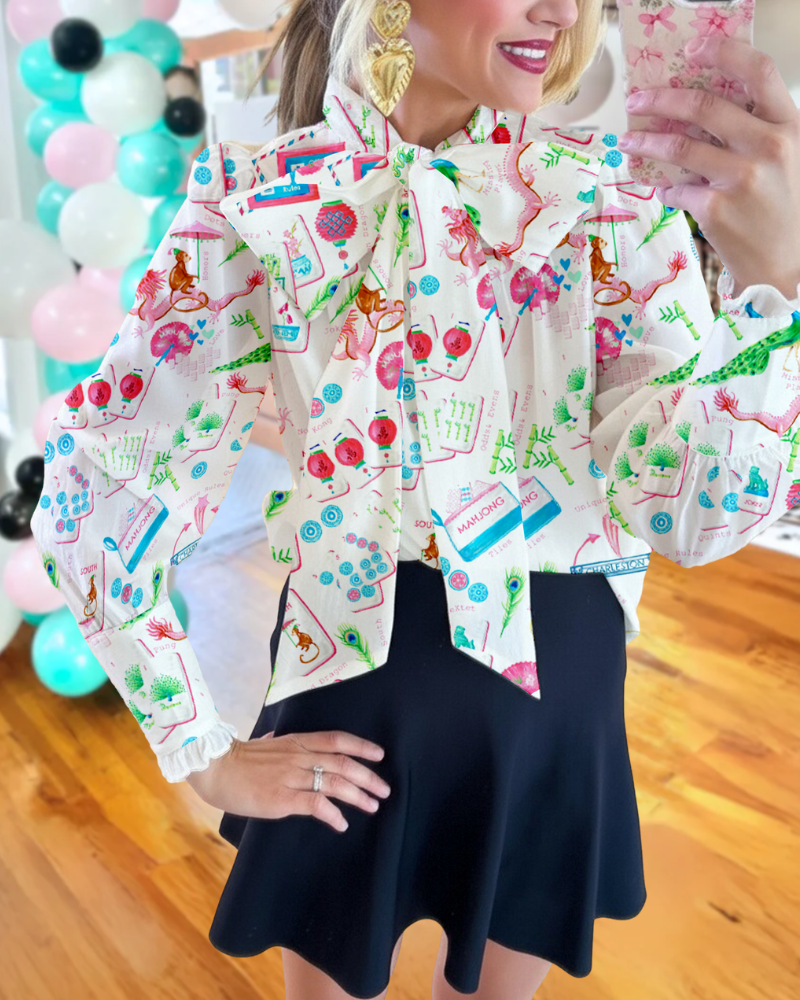Elegant Bow Mahjong Satin Blouse
