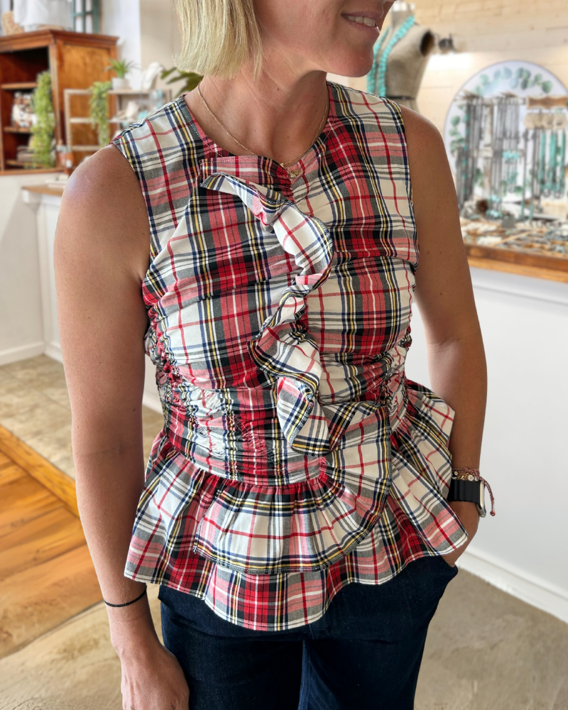 Slim Plaid Ruffle Top