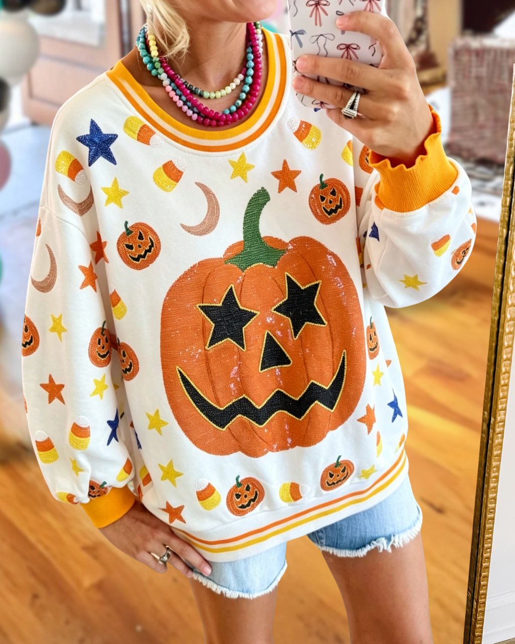 Halloween Pumpkin Star Candy Sequin Pullover