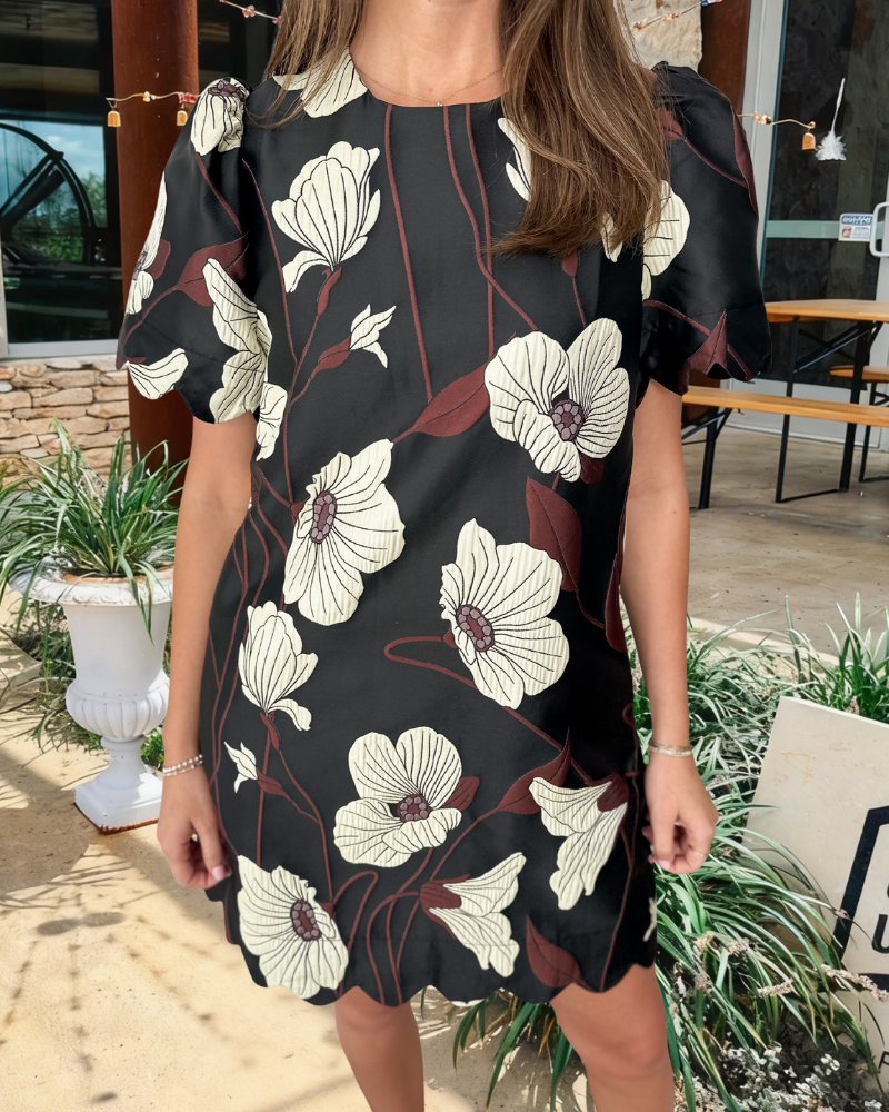 Floral Scallop Trim Satin Mini Dress