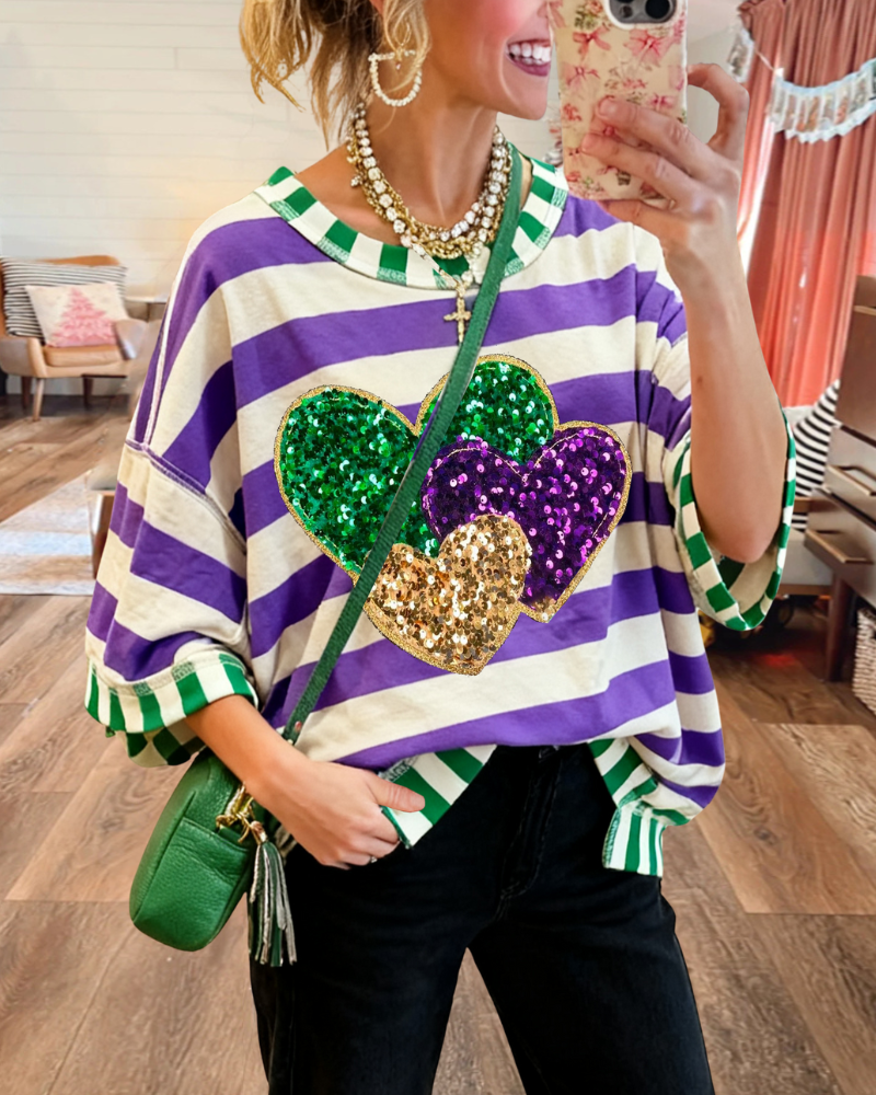 Heart-shaped Sequined Striped T-shirt