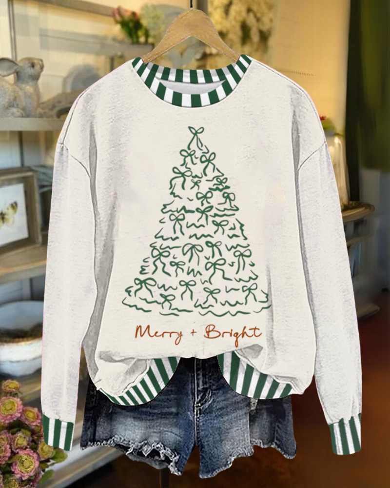 Bow Christmas Tree Stripe Trim Sweatshirt