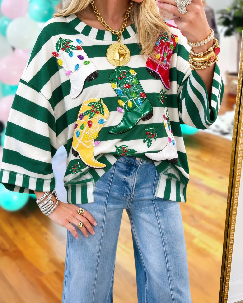 Colorful Cowboy Boots Striped Sequin Top