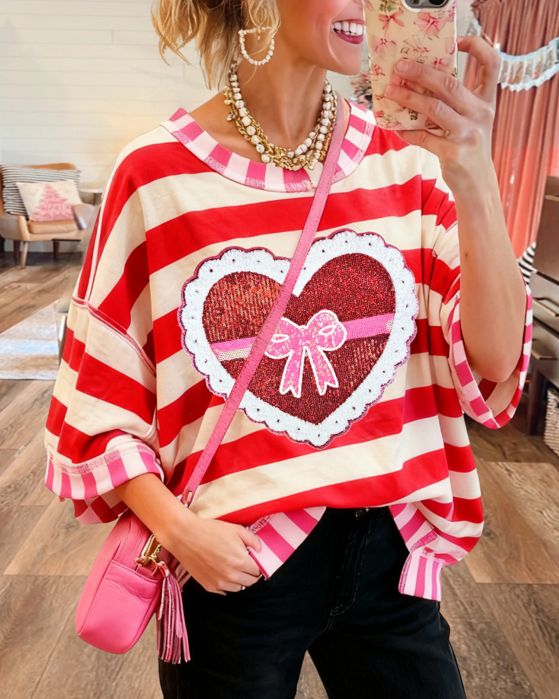 Oversized Heart Striped T-shirt