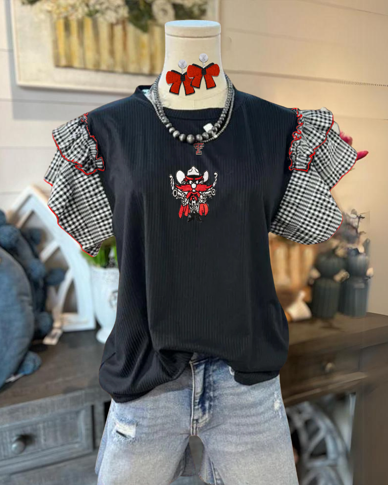 Red Raiders Embroidered Ruffle Plaid Top