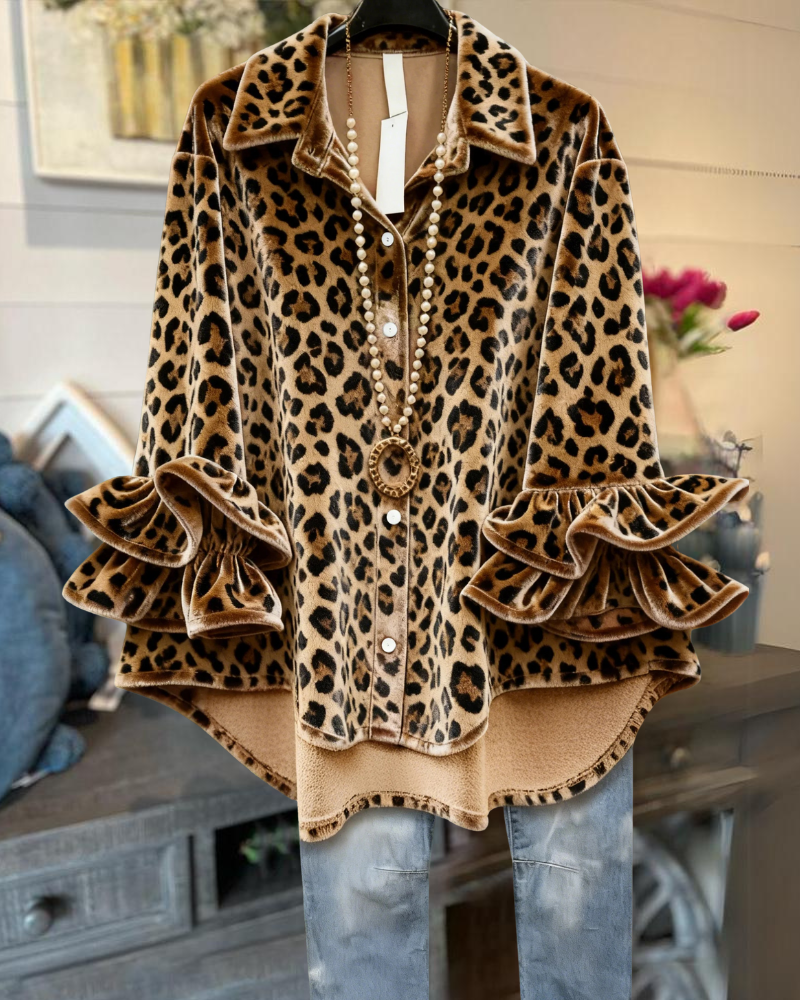 Stylish Leopard Ruffled Velvet Blouse