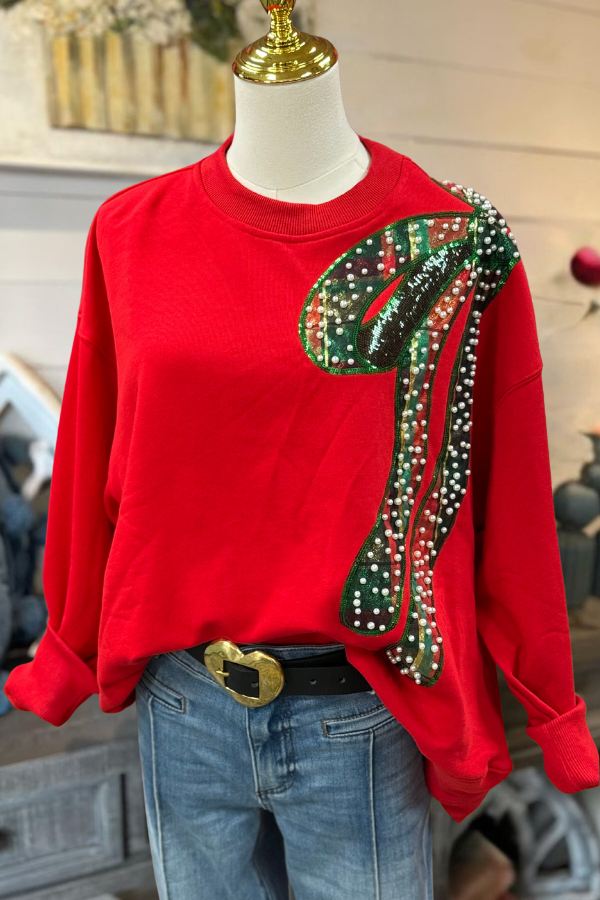 Pearl Bow Ribbon Crewneck Sweatshirt
