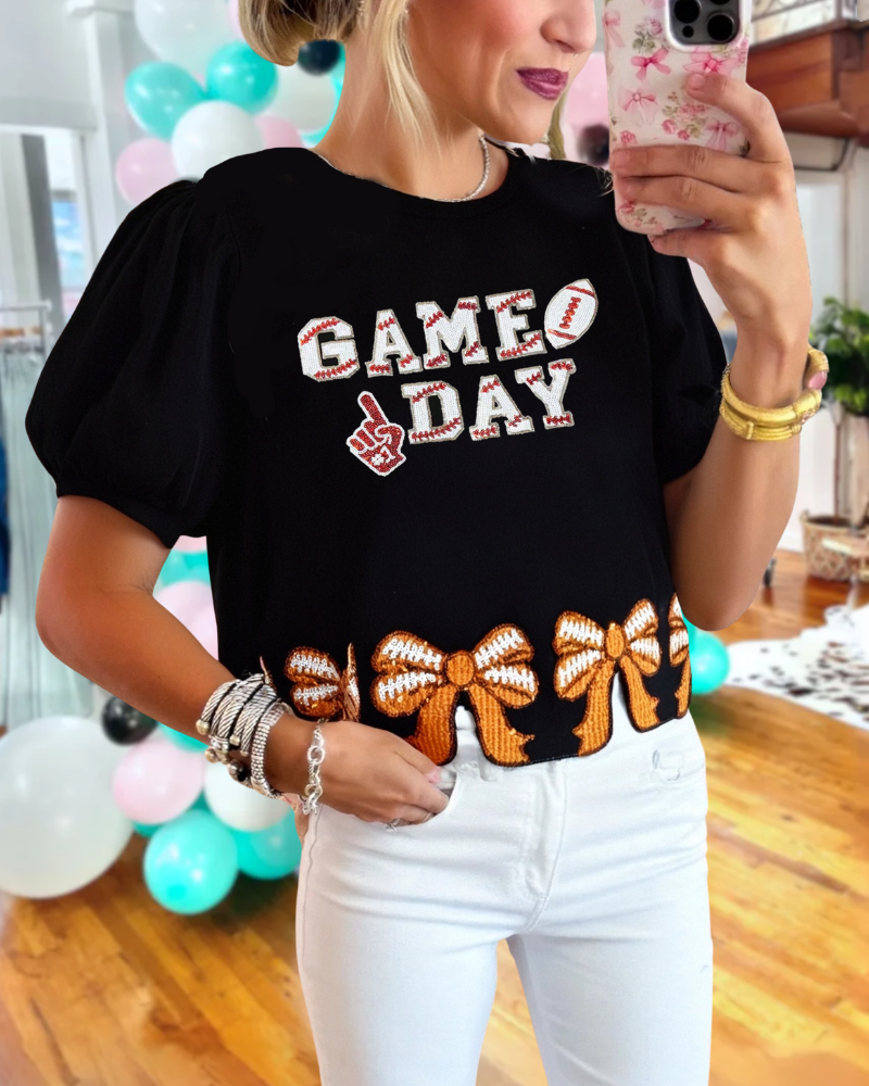 Game Day Bow Embroidered Top