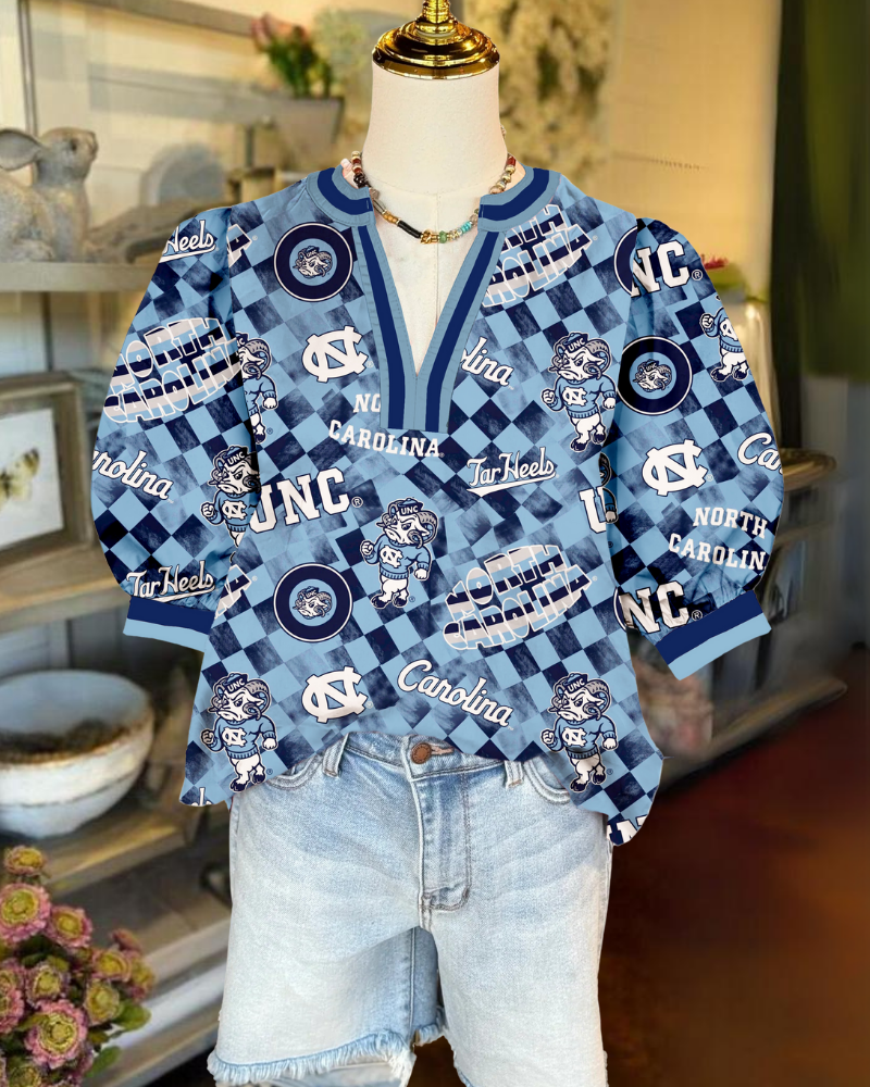 UNC Carolina Puff Sleeve Satin Top