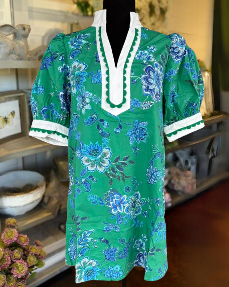 Floral Embroidered Wavy Trim Dress