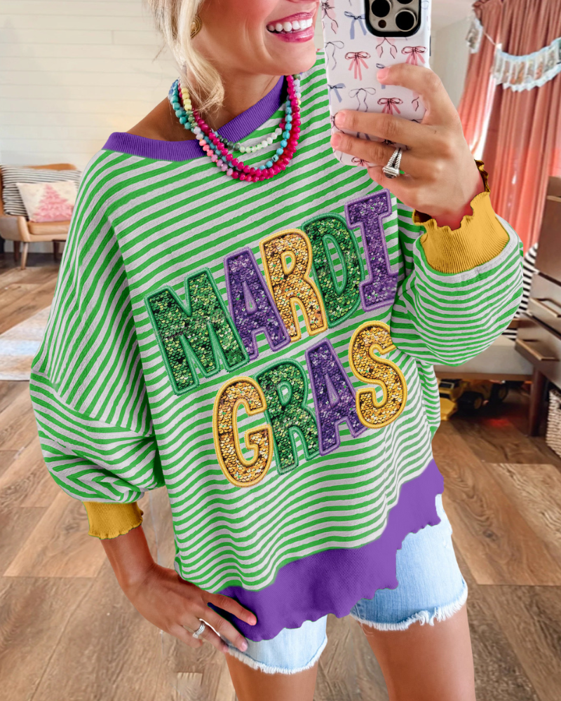 Mardi Gras Embroidered Striped Sweatshirt