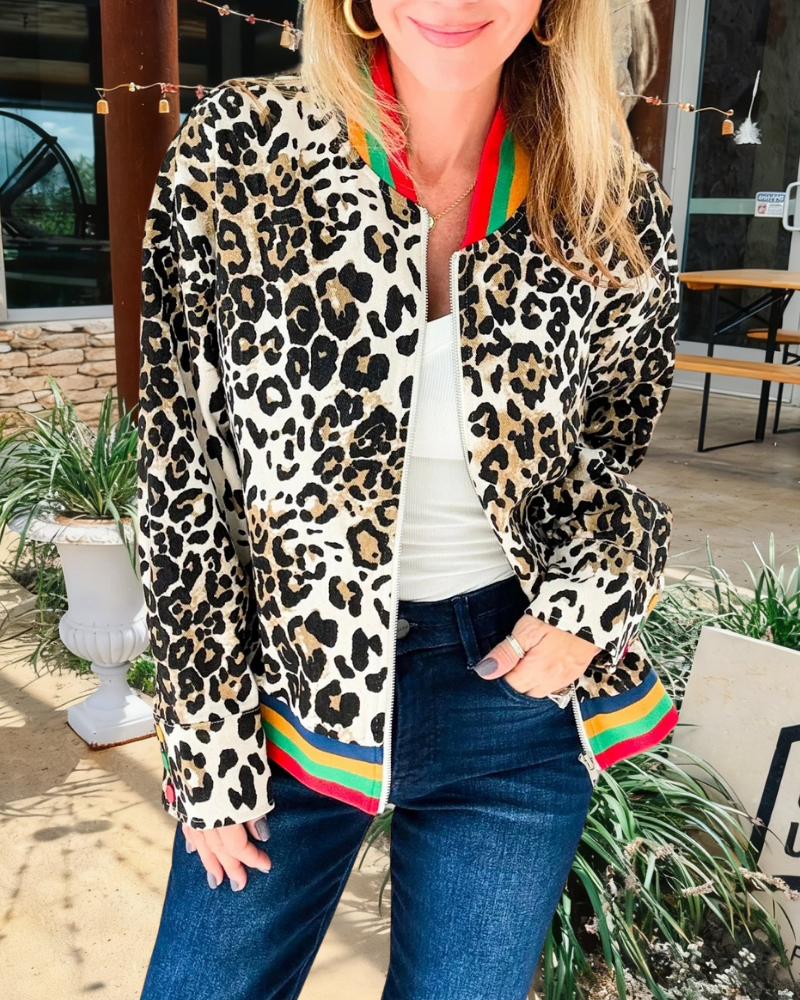 Leopard Striped Zip-Up Jacket