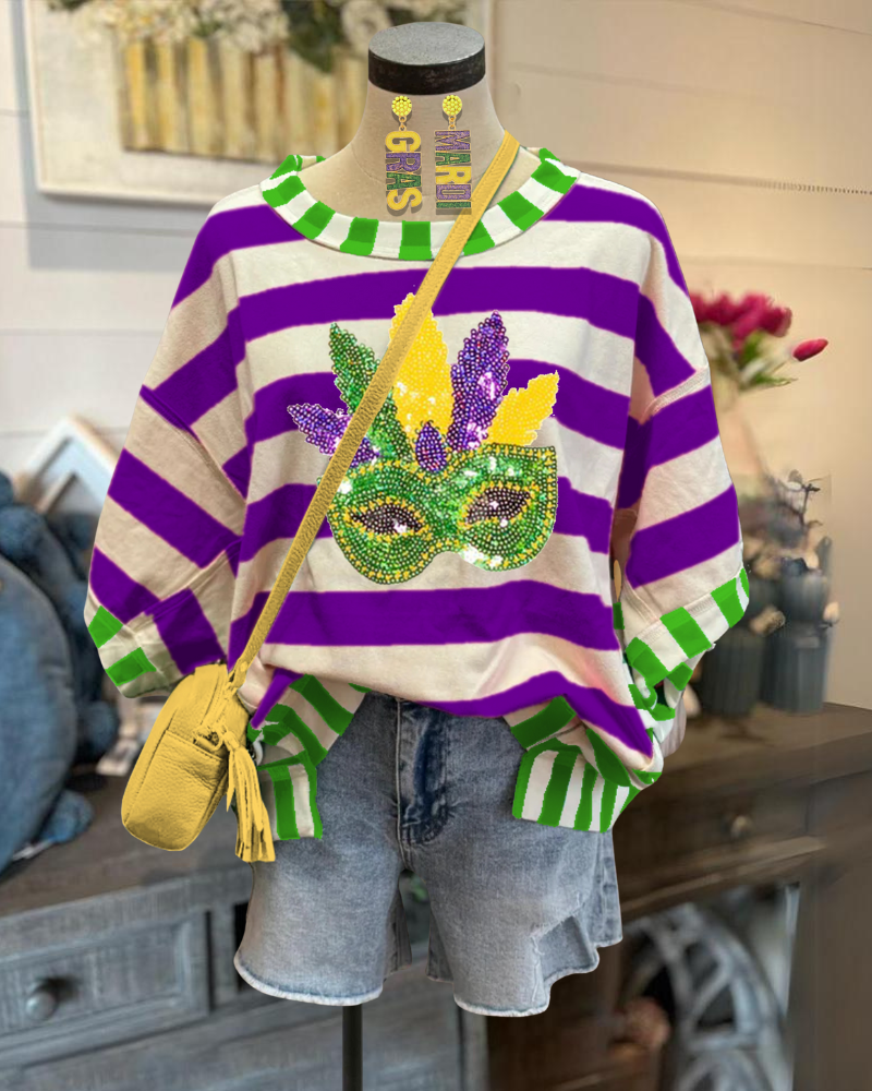 Carnival Mask Print Striped T-Shirt