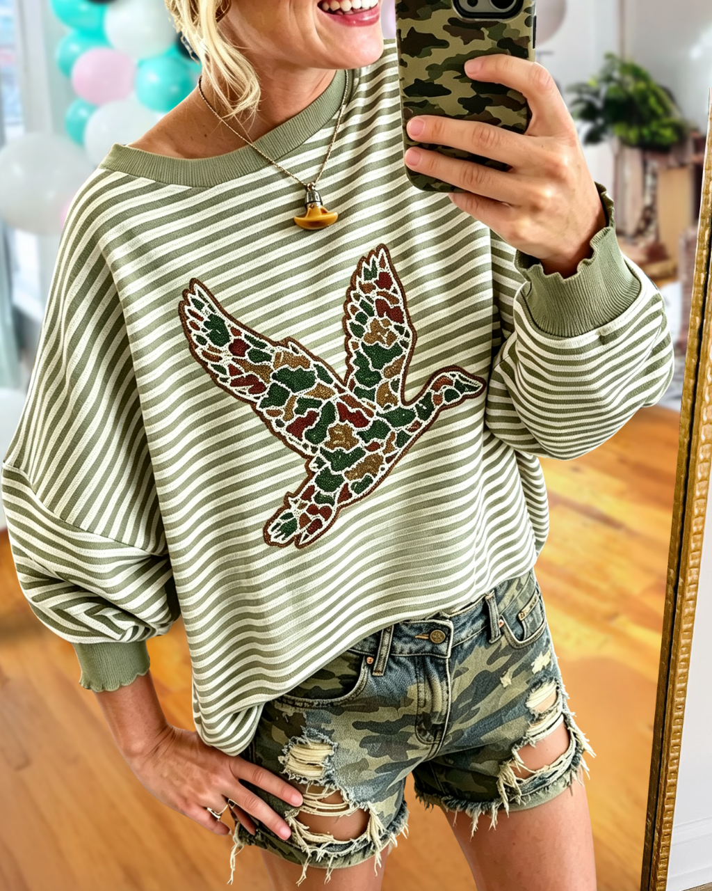 Camo Duck Hunt Embroidered Striped Sweatshirt
