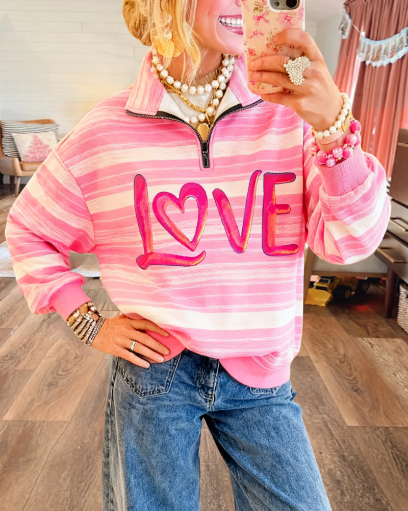 Love Striped Half-Zip Sweatshirt