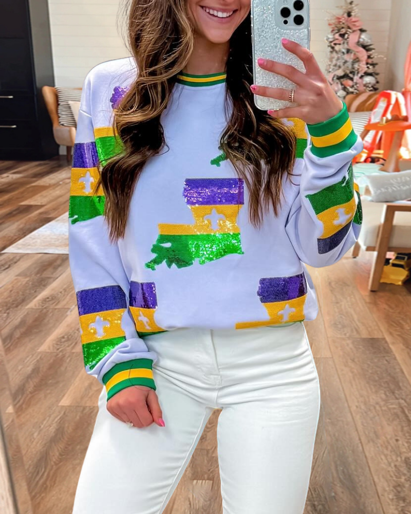 Mardi Gras Sequined Striped Pullover