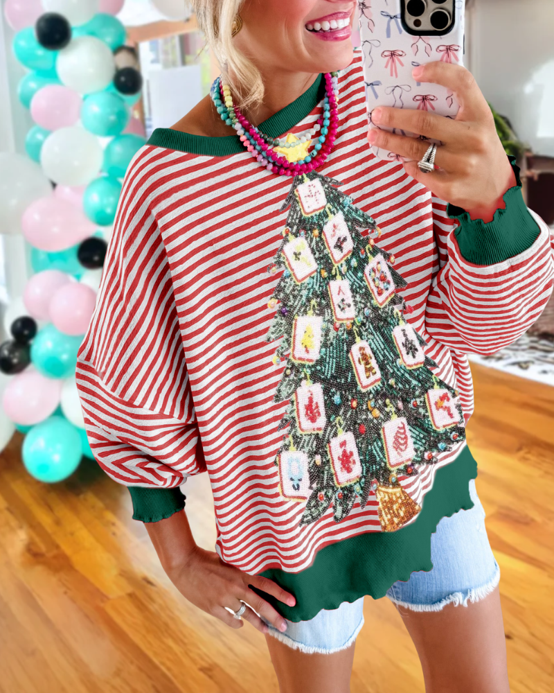 Christmas Mahjong Sequin Striped Sweatshirt