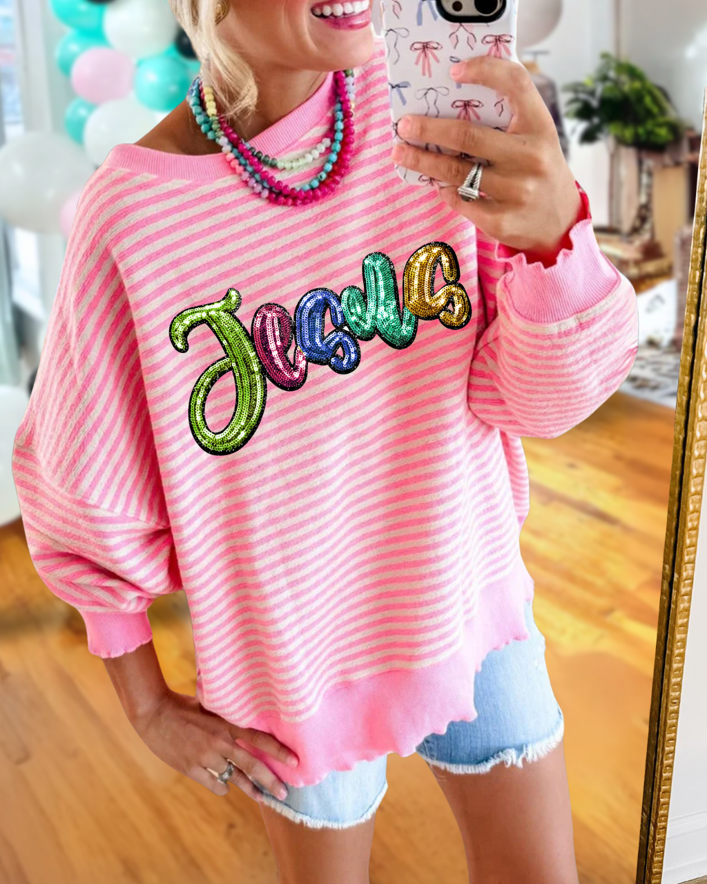 Colorful Jesus Sequined Striped Sweatshirt