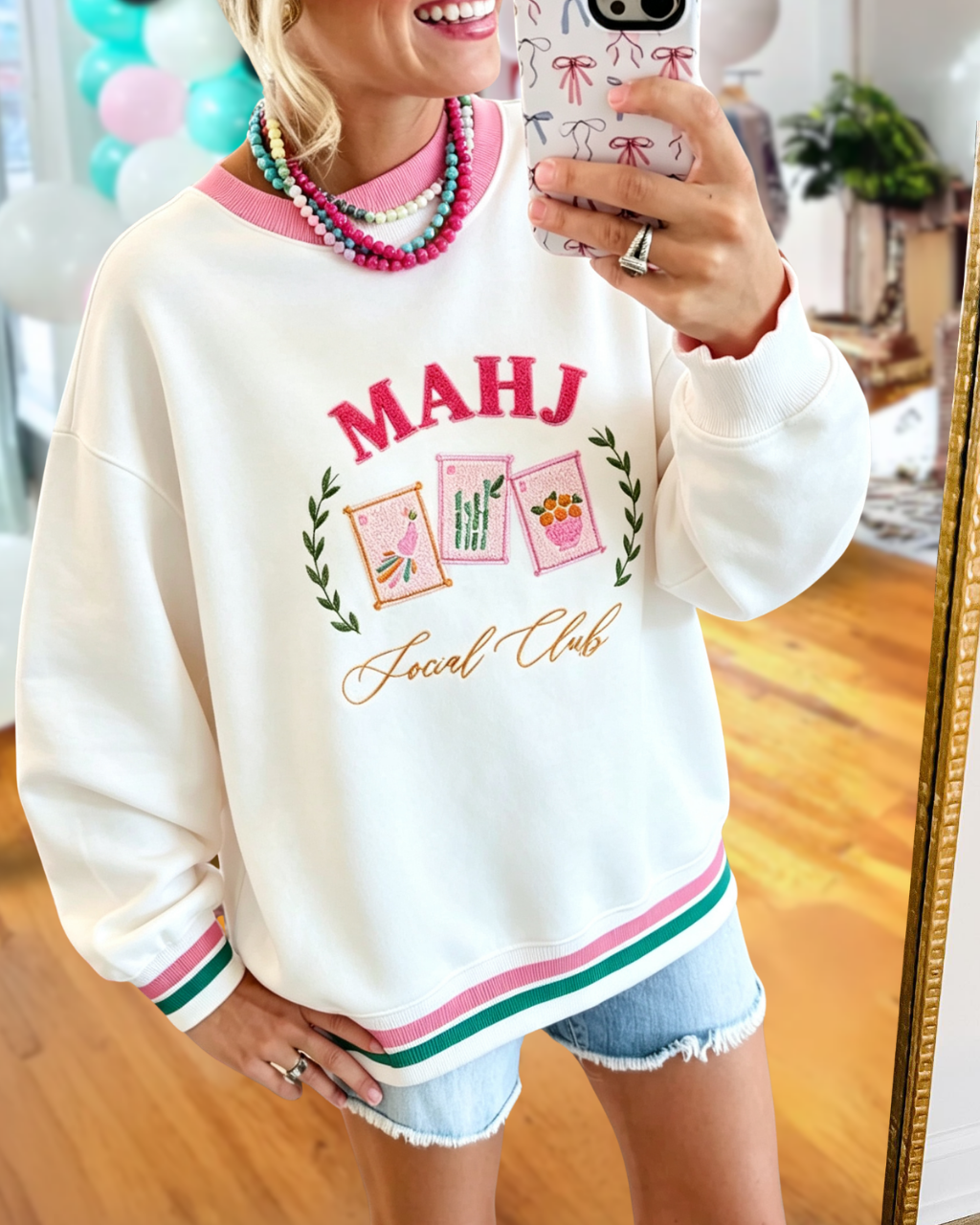 Mahjong-Embroidered Contrast Trim Sweatshirt