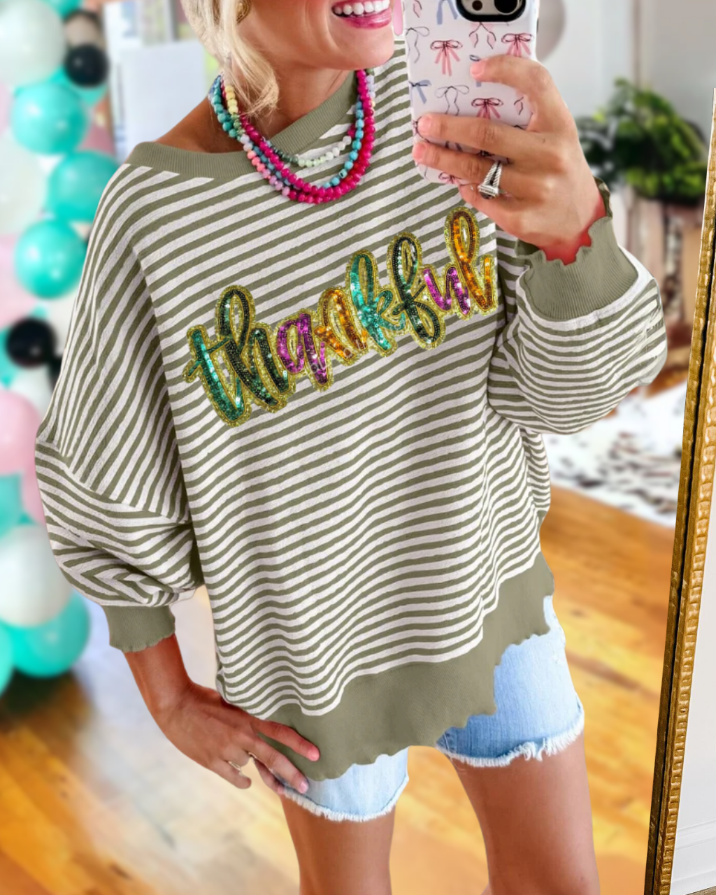 Sparkly Thankful Sequin Striped Sweatshirt