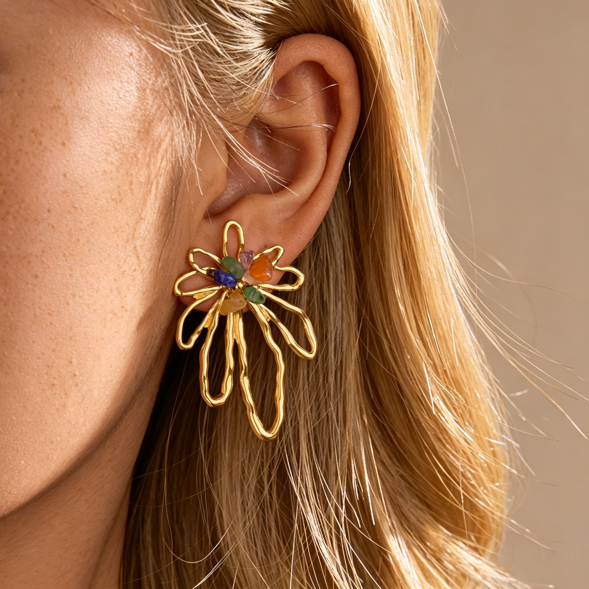Natural Stone Petal Metal Earrings