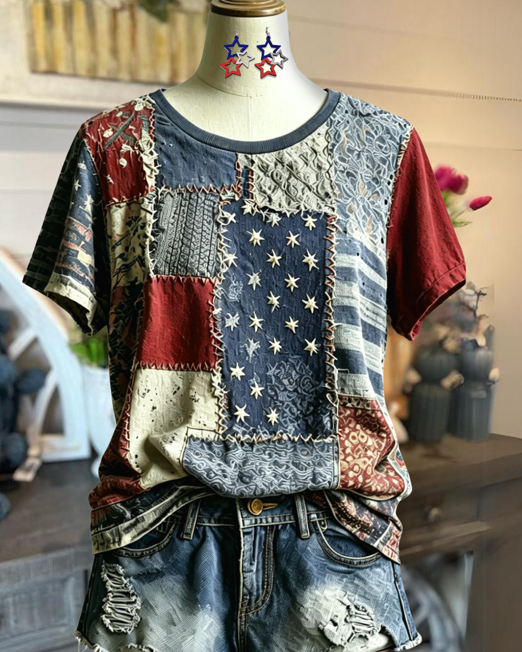 Star Embroidered Patchwork T-shirt