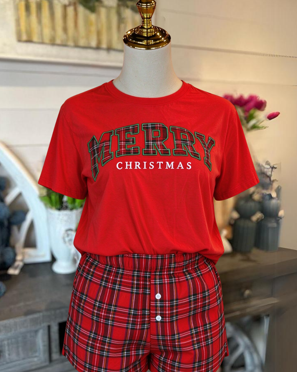 Merry Christmas Plaid Embroidered T-Shirt