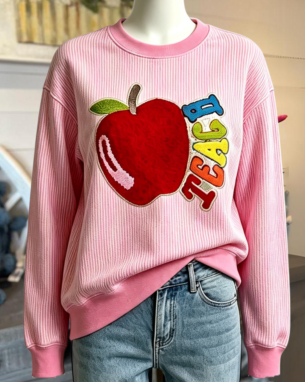 Teach Apple Embroidered Striped Sweatshirt