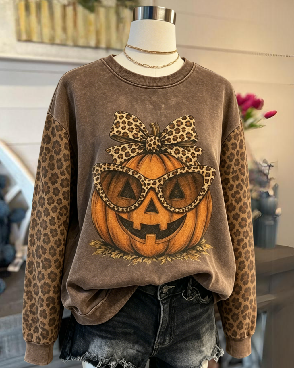 Leopard Print Bow Pumpkin Pullover
