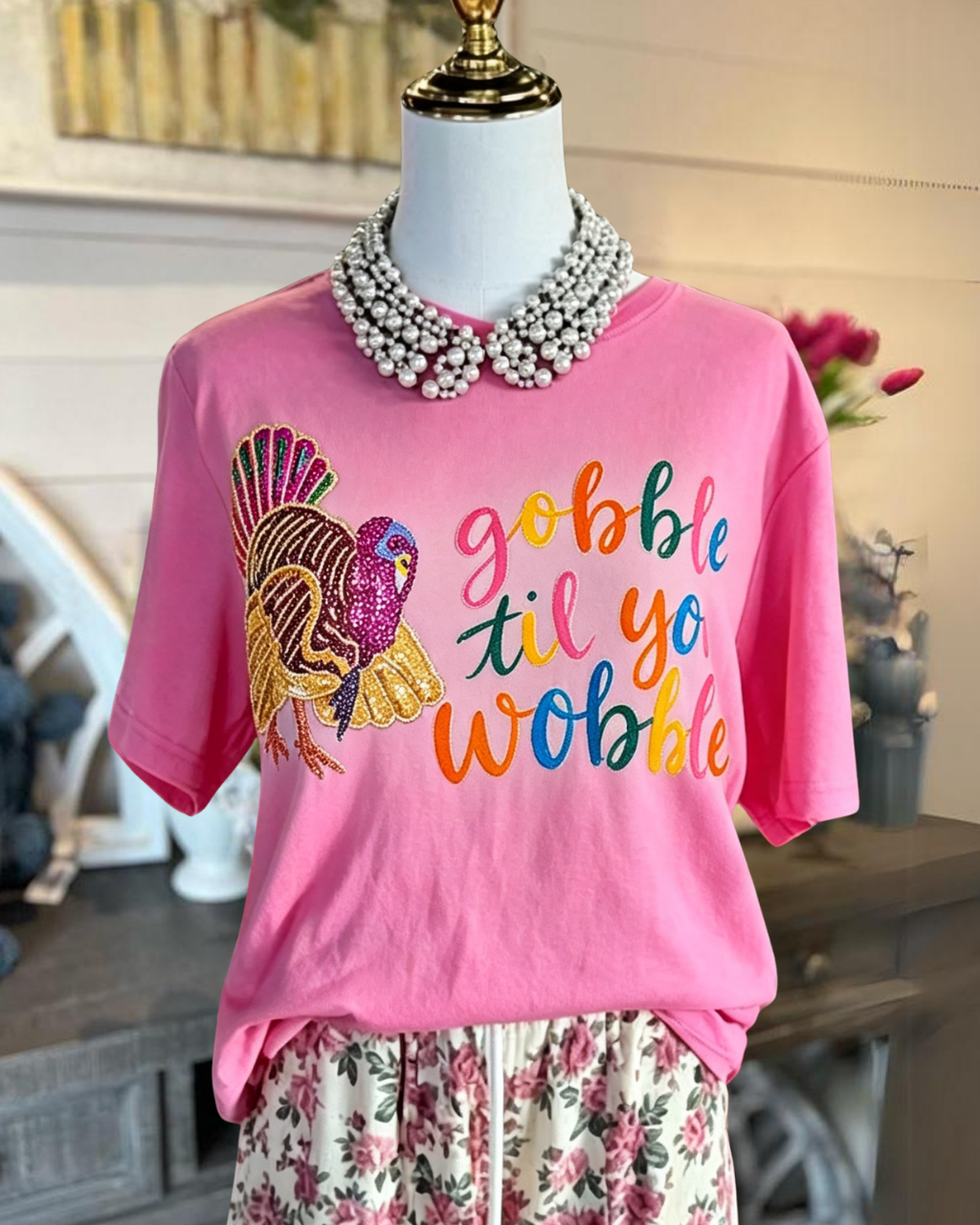Turkey Sequin Gobble Til You Wobble Tee