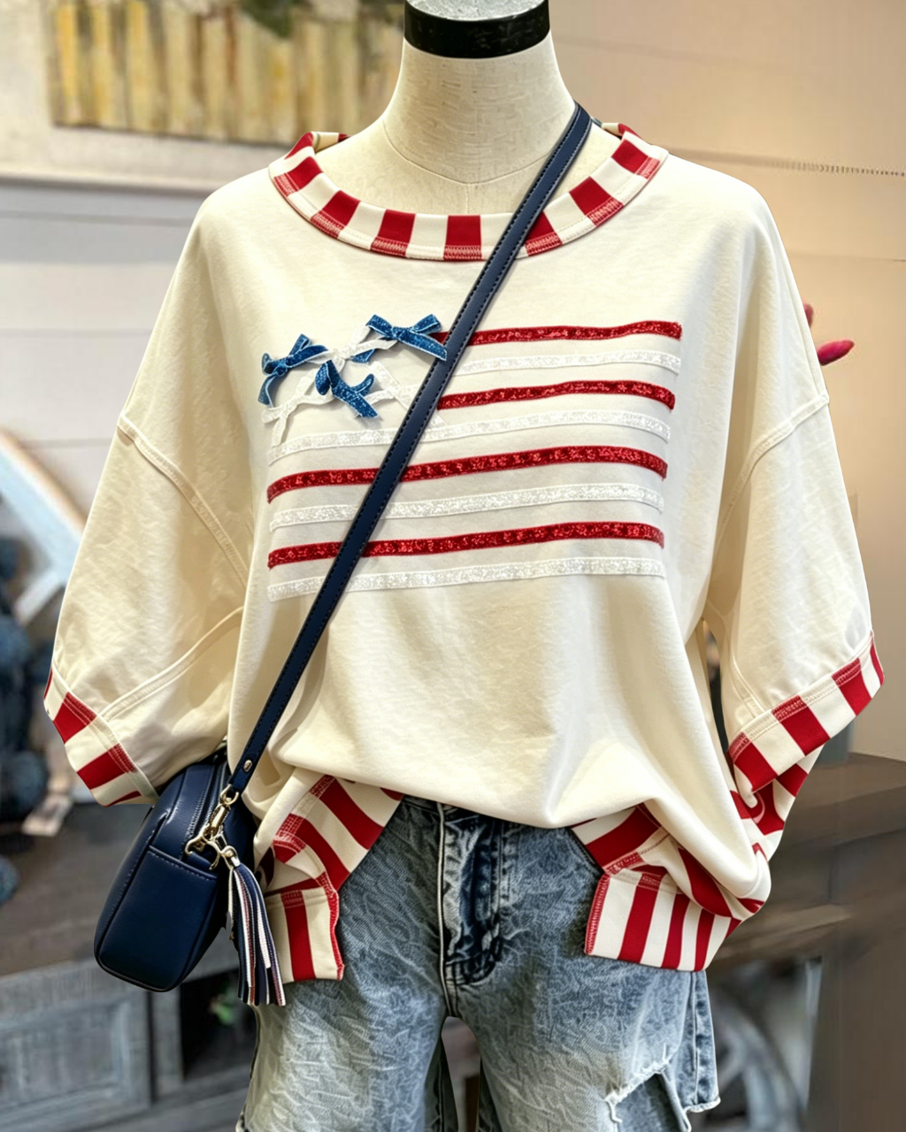 Bow Striped Sequined Flag T-shirt