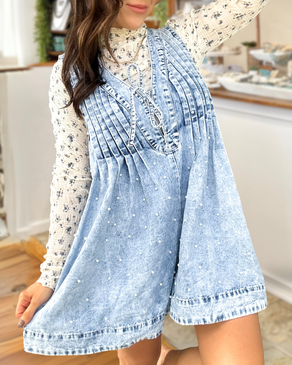 Pearl-studded Washed Denim Jumpsuit