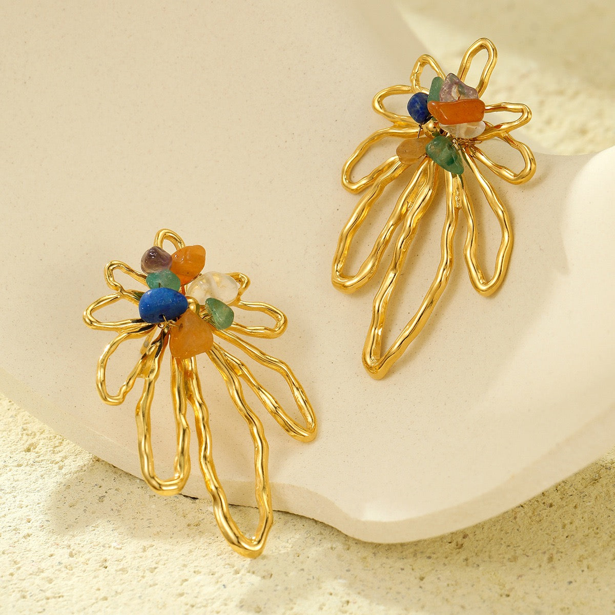 Natural Stone Petal Metal Earrings