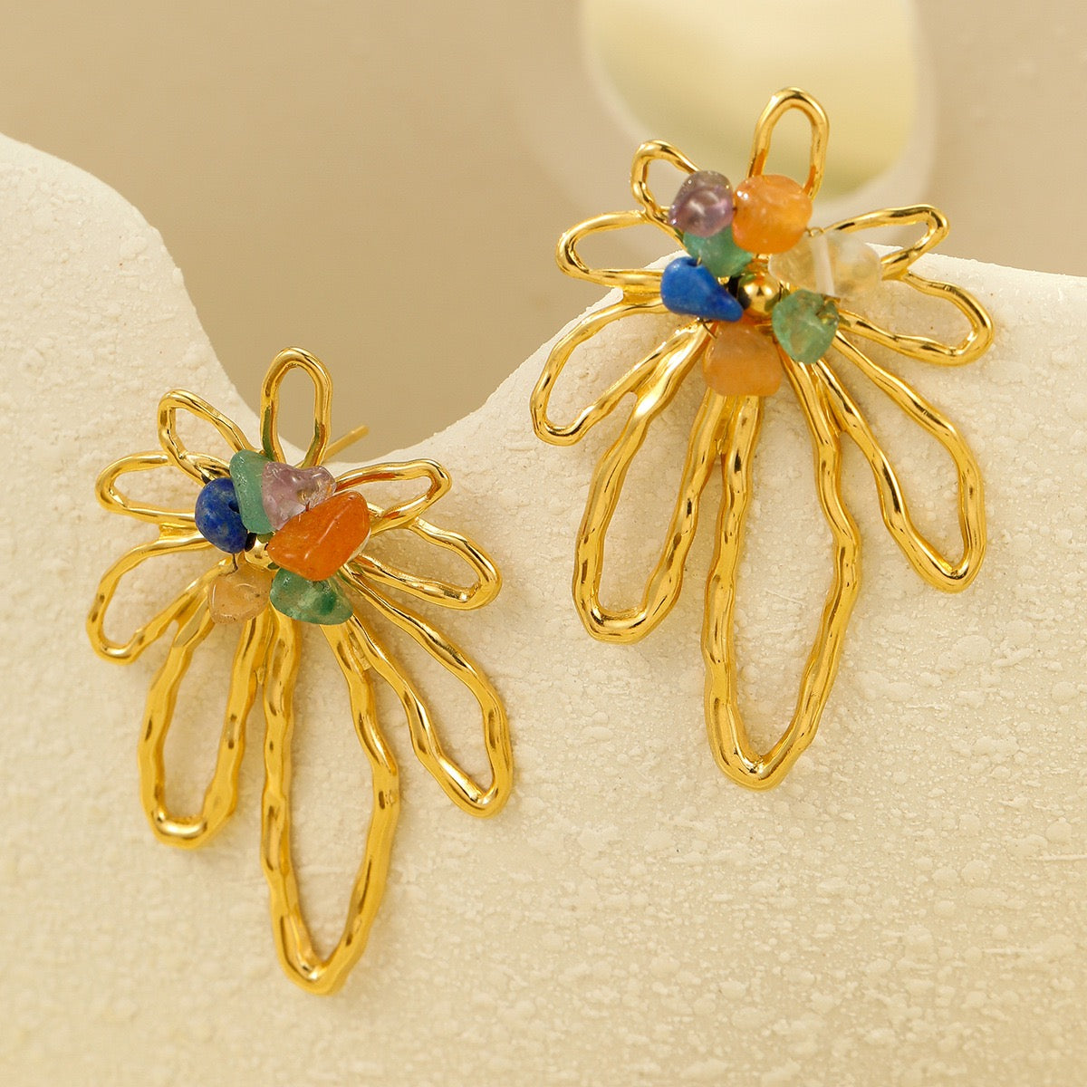Natural Stone Petal Metal Earrings